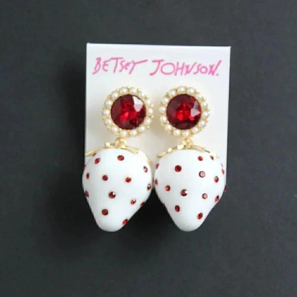 Authentic Betsey Johnson Babycakes White Red Crystal Strawberry Earrings Pearls - Picture 1 of 1